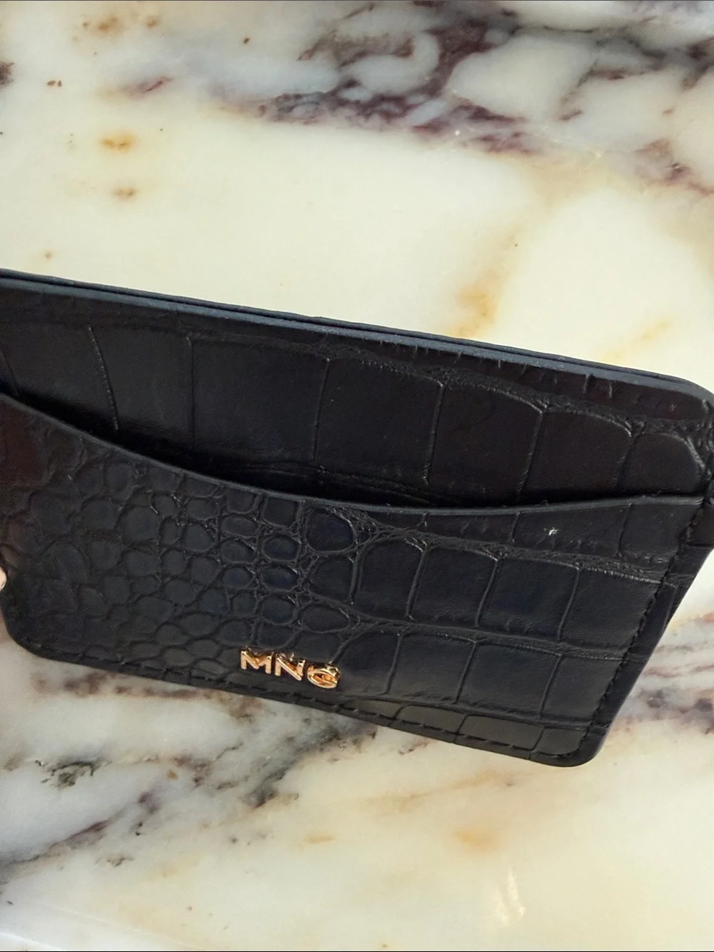 Mango Black Croc-Embossed Card Wallet with Gold MNG Logo